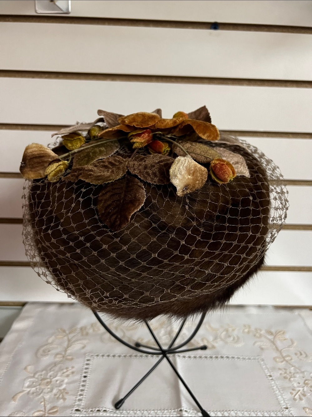 Vintage Brown Fur Pillbox Hat with Veil